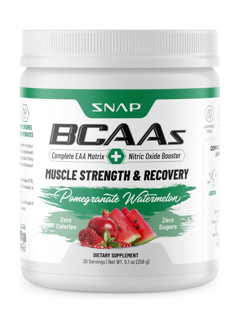 SNAP SUPPLEMENTS - BCAAs Muscle Strength and Recovery Complete Zero sugar and Naturally sweetened,supports quick recovery, promotes strength, replenishes and hydrates, 30 Servings Dietary Supplement,Pomegranate Watermelon,,Net Wt 9.1oz,258g - Image 1