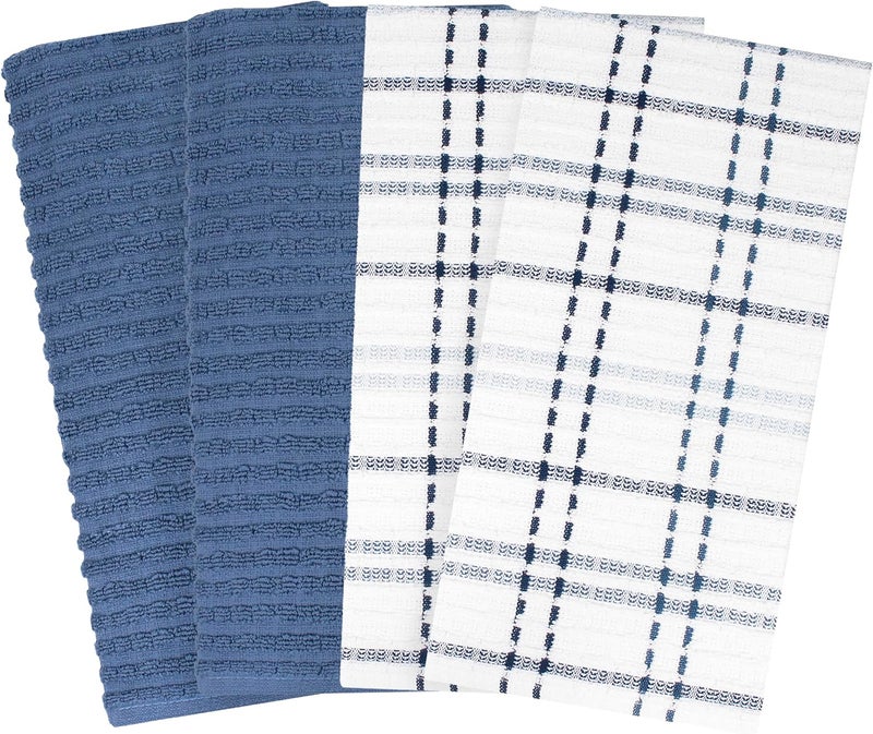 Ritz Royale Collection 100% Combed Terry Cotton, Highly Absorbent, Kitchen Dish Cloth Set, 13-3/4" x 12", 4-Pack, Solid & Checked, Federal Blue - Image 2