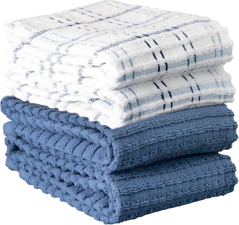 Ritz Royale Collection 100% Combed Terry Cotton, Highly Absorbent, Kitchen Dish Cloth Set, 13-3/4" x 12", 4-Pack, Solid & Checked, Federal Blue - Image 1