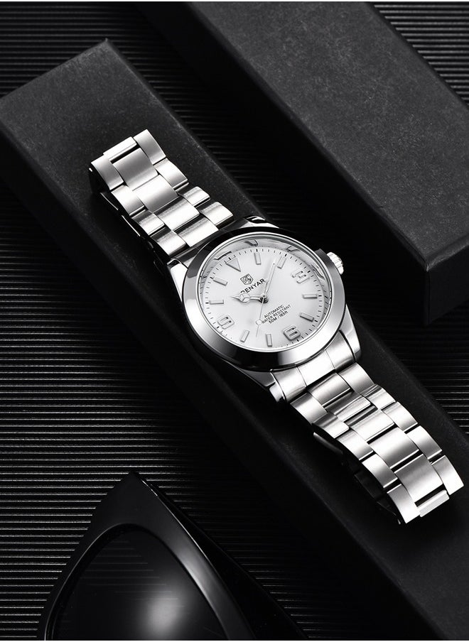 BENYAR - Men's casual automatic watch stainless steel strap men's luminous watch 50 meters waterproof BY-5177 silver white - Image 1