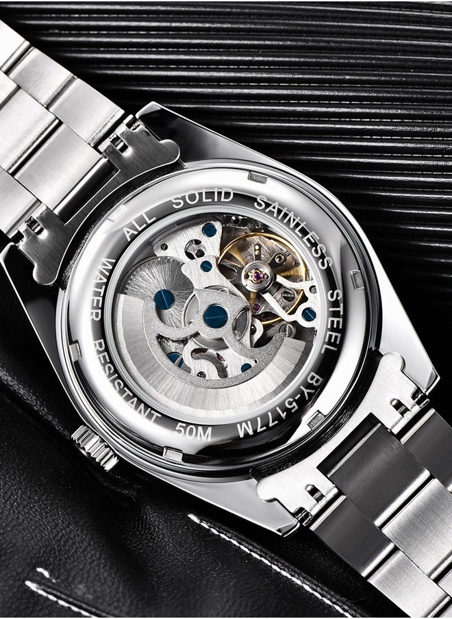 BENYAR - Men's casual automatic watch stainless steel strap men's luminous watch 50 meters waterproof BY-5177 silver white - Image 1
