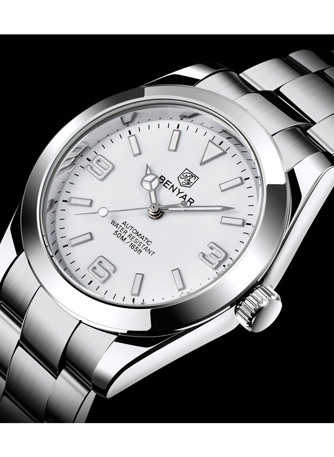 BENYAR - Men's casual automatic watch stainless steel strap men's luminous watch 50 meters waterproof BY-5177 silver white - Image 1