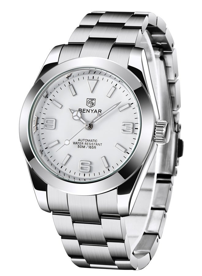 BENYAR - Men's casual automatic watch stainless steel strap men's luminous watch 50 meters waterproof BY-5177 silver white - Image 1