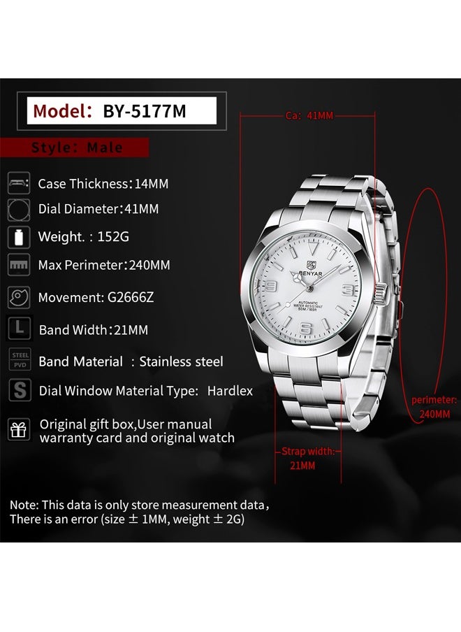 BENYAR - Men's casual automatic watch stainless steel strap men's luminous watch 50 meters waterproof BY-5177 silver white - Image 1