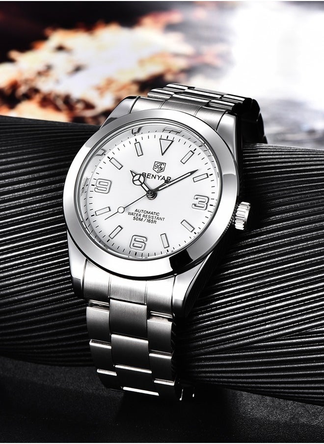 BENYAR - Men's casual automatic watch stainless steel strap men's luminous watch 50 meters waterproof BY-5177 silver white - Image 1