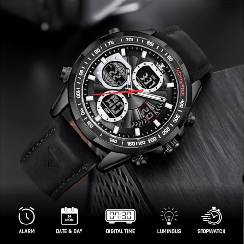 V2A Luxury Fashion Casual Business Sport Design Analog -Digital Chronograph Watch for Men| 45mm Big Dial | Multifunctional | 30M Waterproof |Best Gift for Men, Him (Black) - Image 2