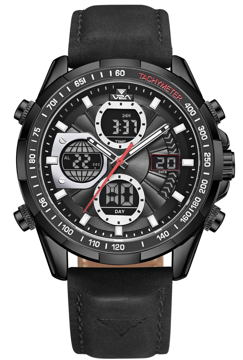 V2A Luxury Fashion Casual Business Sport Design Analog -Digital Chronograph Watch for Men| 45mm Big Dial | Multifunctional | 30M Waterproof |Best Gift for Men, Him (Black) - Image 1