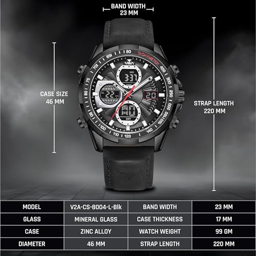 V2A Luxury Fashion Casual Business Sport Design Analog -Digital Chronograph Watch for Men| 45mm Big Dial | Multifunctional | 30M Waterproof |Best Gift for Men, Him (Black) - Image 4