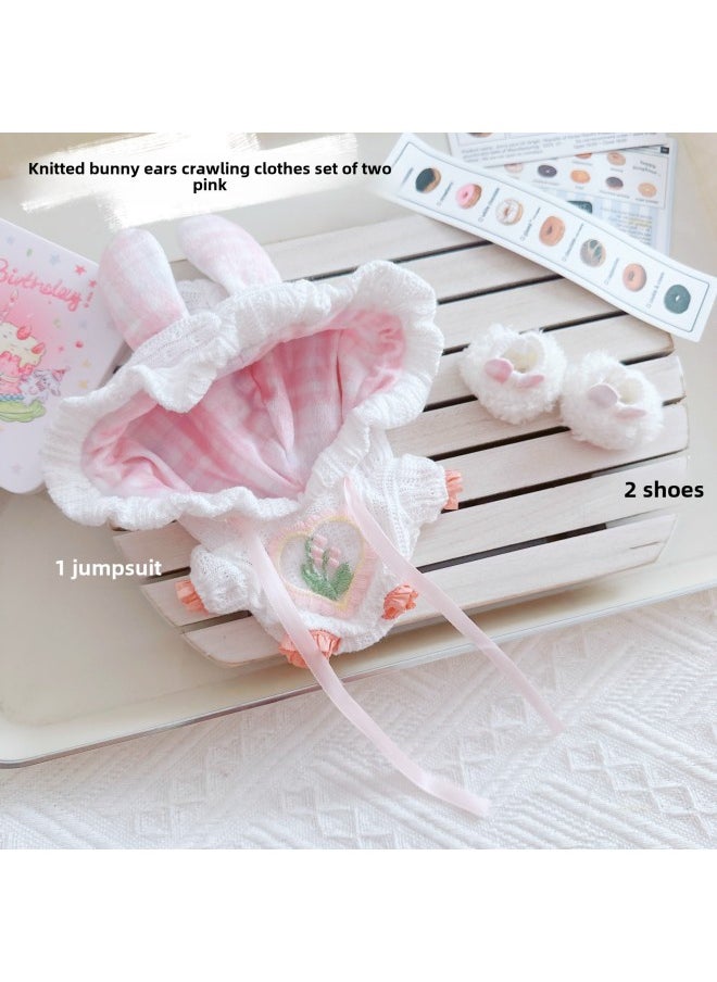 Clothes Only] Labubu Doll Clothes 17cm Labubu Doll Clothes Year Clothes Climbing Clothes Jeans-Specifications:10cm-Color:Knitted Bunny Ears Crawling Clothes Set Of Two Pink 