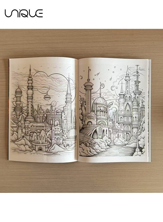 يونيك عالم العجائب للتلوين: كتاب تلوين عجائب العالم المعمارية، قلعة رجعية رائعة، كتاب صور رومانسي، مناسب للبالغين والنساء للتخلص من التوتر - Image 5