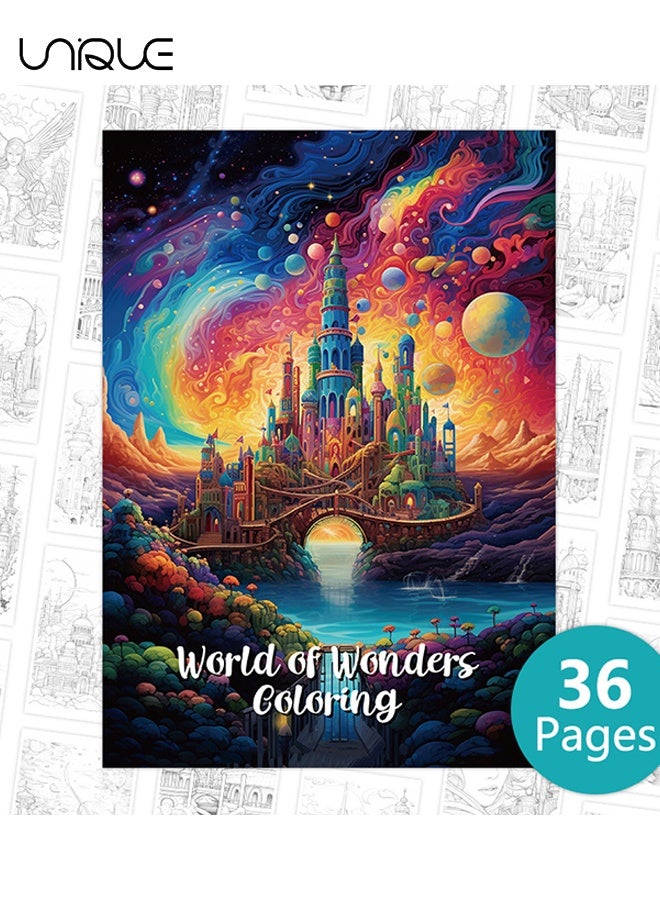 يونيك عالم العجائب للتلوين: كتاب تلوين عجائب العالم المعمارية، قلعة رجعية رائعة، كتاب صور رومانسي، مناسب للبالغين والنساء للتخلص من التوتر - Image 1