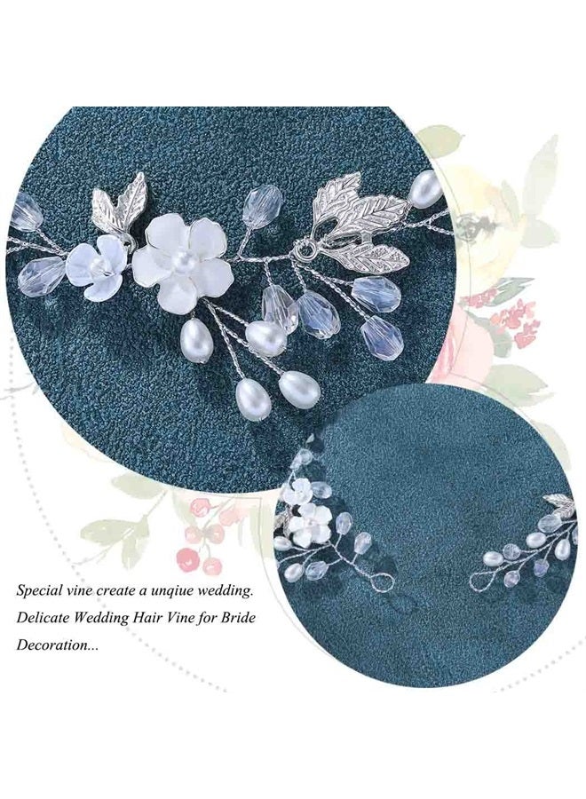 Bride Wedding Hair Vine Pearl Bride Hair Piece Leaf Wedding Headbands Flower Wedding Headpieces Crystal Bridal Hair Accessories for Women (Silver)