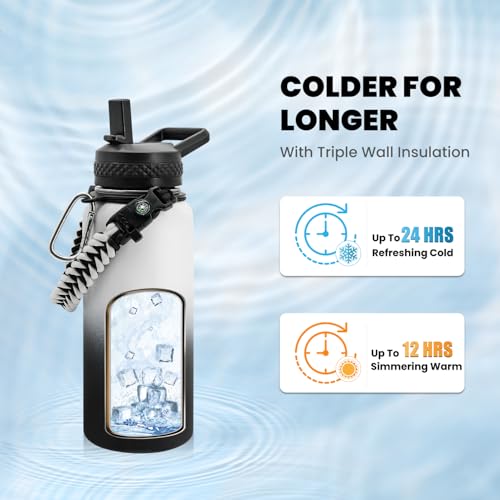 RAYMYLO Insulated Water Bottle 32 oz Triple Wall Vacuum Stainless Steel Cold for 24Hrs Hot for 12Hrs Leak Proof NonBPA Modern Water Flask Jug with Paracord Handle Straw Spout Lids - Image 3