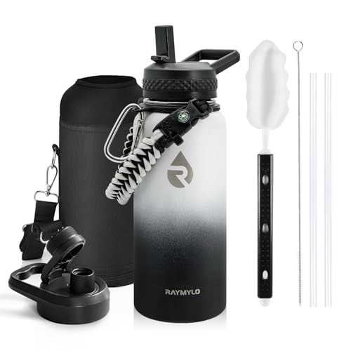 RAYMYLO Insulated Water Bottle 32 oz Triple Wall Vacuum Stainless Steel Cold for 24Hrs Hot for 12Hrs Leak Proof NonBPA Modern Water Flask Jug with Paracord Handle Straw Spout Lids - Image 1