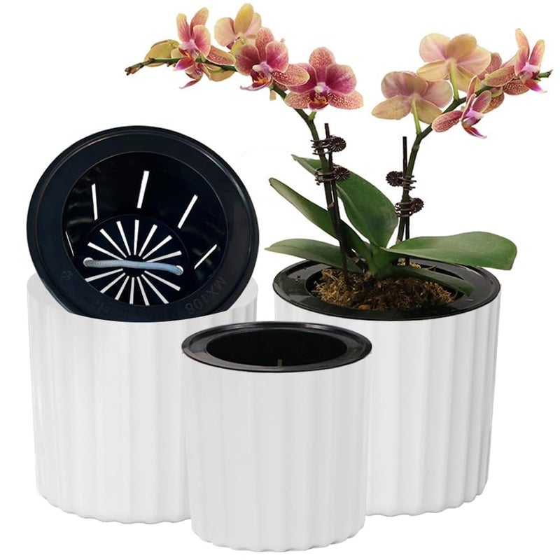 MUZHI Orchid Pot with Net and Holes, Round Self Watering Planter Pot for Indoor Plants and Flowers 3 Sets White - Image 2