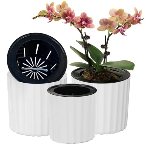 MUZHI Orchid Pot with Net and Holes, Round Self Watering Planter Pot for Indoor Plants and Flowers 3 Sets White - Image 1