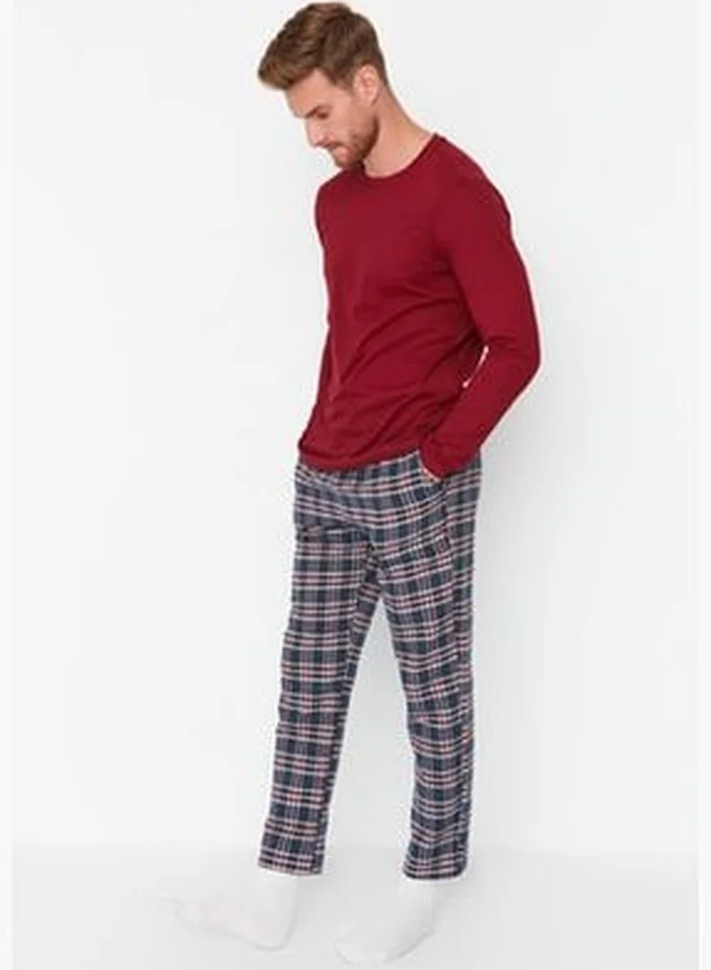 trendyol Claret Red - Navy Blue Men's Checkered Regular Fit Top Knitted Bottom Woven Pajamas Set TMNAW23PT00097