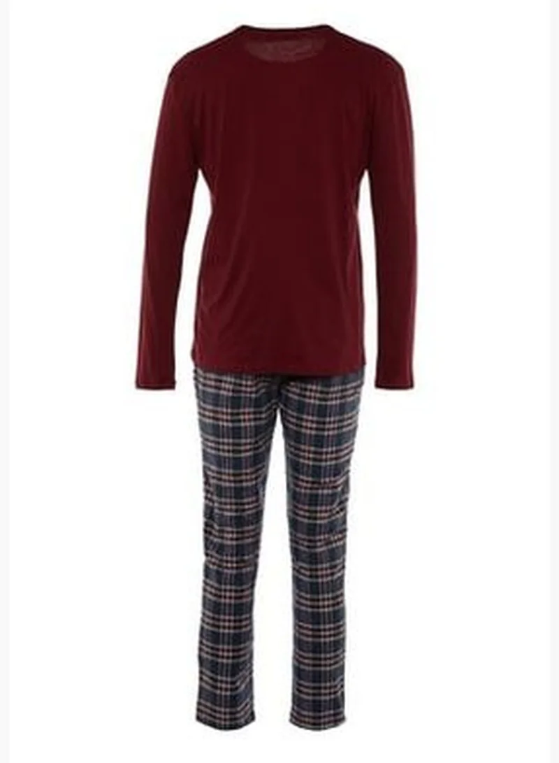 trendyol Claret Red - Navy Blue Men's Checkered Regular Fit Top Knitted Bottom Woven Pajamas Set TMNAW23PT00097