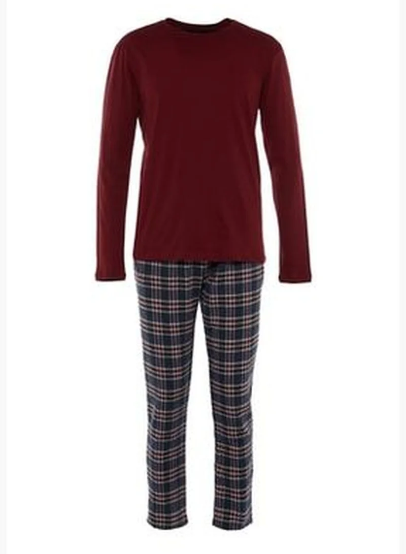 trendyol Claret Red - Navy Blue Men's Checkered Regular Fit Top Knitted Bottom Woven Pajamas Set TMNAW23PT00097