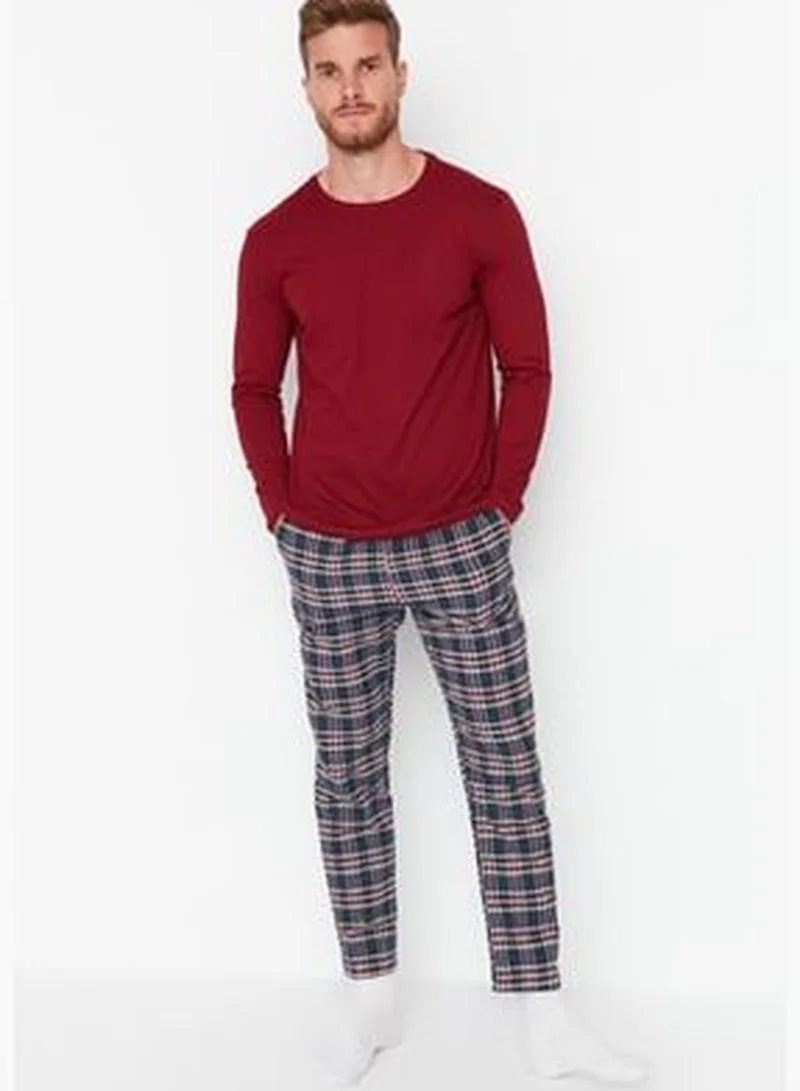trendyol Claret Red - Navy Blue Men's Checkered Regular Fit Top Knitted Bottom Woven Pajamas Set TMNAW23PT00097