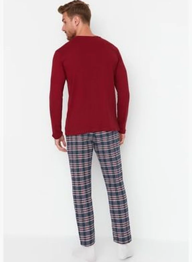 trendyol Claret Red - Navy Blue Men's Checkered Regular Fit Top Knitted Bottom Woven Pajamas Set TMNAW23PT00097