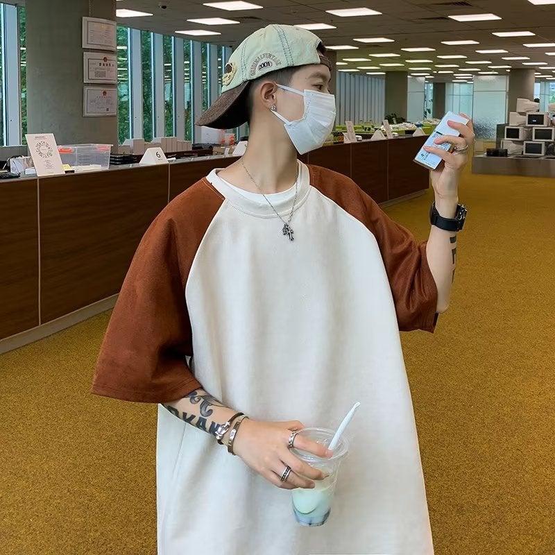 Retro Trendy Brand T-Shirt Men'S Summer Ins Trendy Contrast Color Rulose Half Sleeve Couple'S Casual Round Neck T-Shirt - Image 1