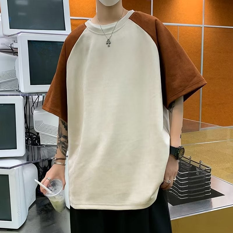 Retro Trendy Brand T-Shirt Men'S Summer Ins Trendy Contrast Color Rulose Half Sleeve Couple'S Casual Round Neck T-Shirt - Image 4
