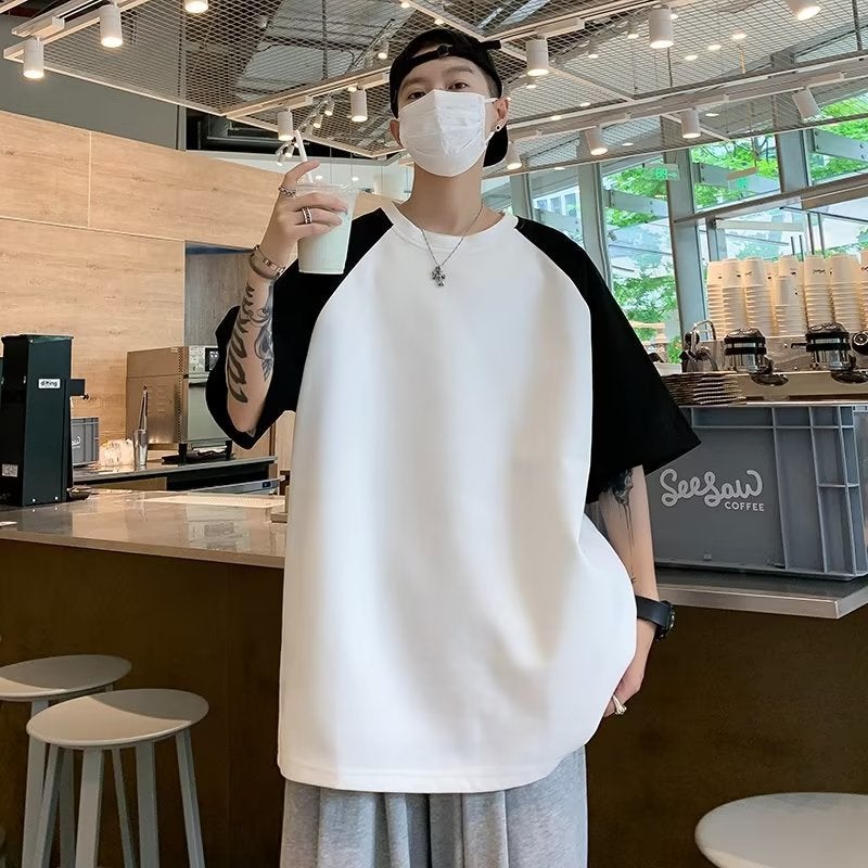 Retro Trendy Brand T-Shirt Men'S Summer Ins Trendy Contrast Color Rulose Half Sleeve Couple'S Casual Round Neck T-Shirt - Image 2