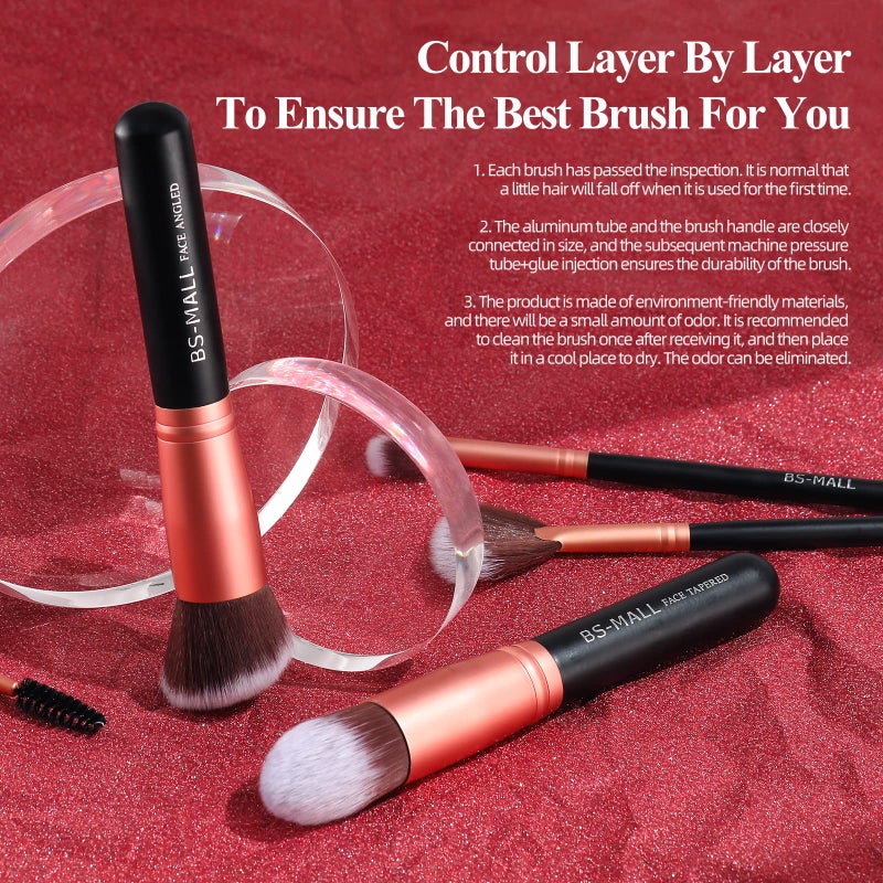 BS Mall فرش المكياج من بي إس مول - بودرة أساس صناعية فاخرة - خافي عيوب - ظلال عيون - مجموعة فرش مكياج مكونة من 14 قطعة - وردي ذهبي - مع حقيبة - Image 4