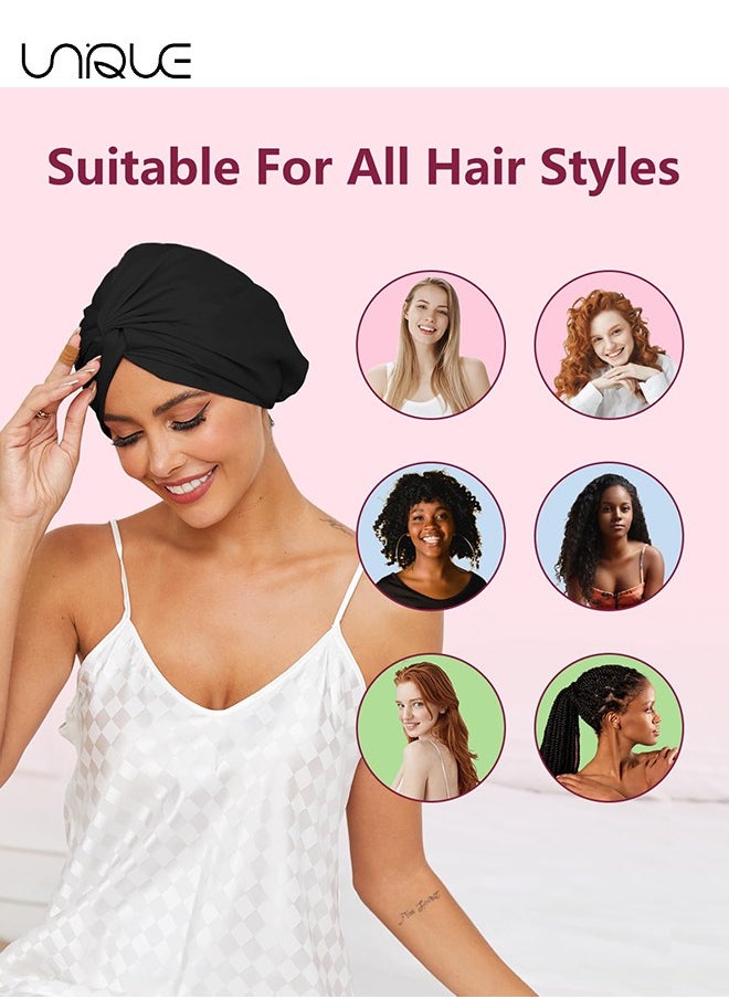 Silk Satin Hair Bonnet for Sleeping, Adjustable Double Layer Hair Wrap Sleep Cap for Unisex Curly Natural Hair, Soft Silk Turban One Size (Black)
