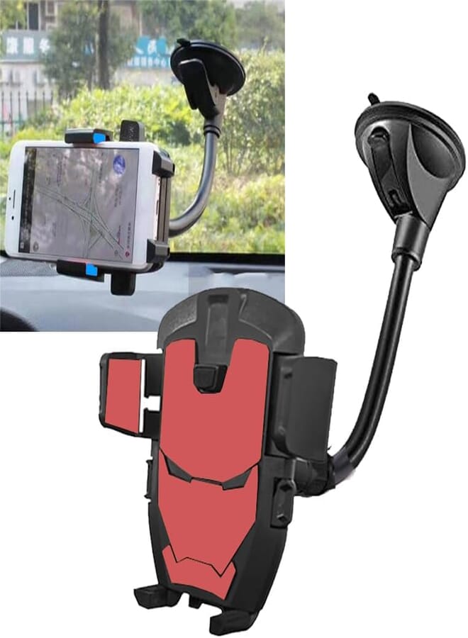 Car Phone Holder, Hood on Dashboard or Car Glass, Adjustable and Rotating Long Arm, Compatible with All Phones Bat Design?? (Black Red) - KaberTrade 