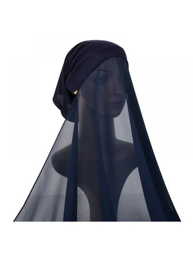 Instant Hijab with Veil,Muslim Fashion Solid Color Chiffon Head Wraps Soft Long Under Scarf Caps with Undercap Islam Turban Wrap Modal Hijab Cap Full Cover Shawl Cap for Women Daily Wear-Navy blue - Image 1