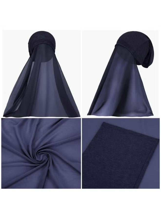 Instant Hijab with Veil,Muslim Fashion Solid Color Chiffon Head Wraps Soft Long Under Scarf Caps with Undercap Islam Turban Wrap Modal Hijab Cap Full Cover Shawl Cap for Women Daily Wear-Navy blue - Image 3