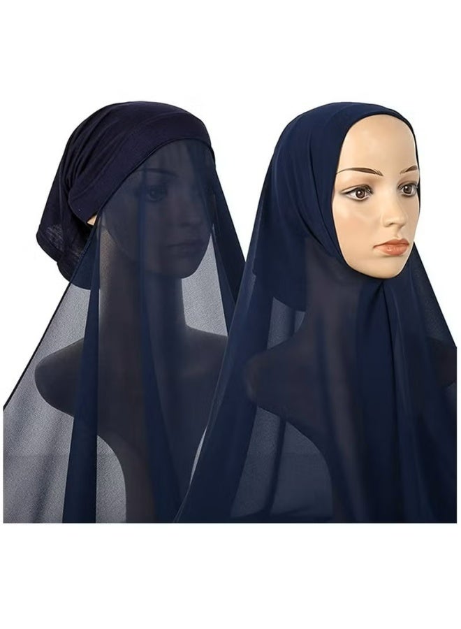 Instant Hijab with Veil,Muslim Fashion Solid Color Chiffon Head Wraps Soft Long Under Scarf Caps with Undercap Islam Turban Wrap Modal Hijab Cap Full Cover Shawl Cap for Women Daily Wear-Navy blue - Image 2