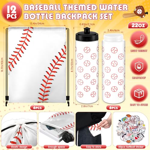 Funnymoom 24 Pcs Baseball Party Favors Team Gifts Set 12 Baseball Water Bottle 12 Baseballs Drawstring Bags and 50 Sticker 20 Oz Reusable Squeeze Bottle Bulk Goodies Bag for Party Supplies Sport Event Bike - Image 2