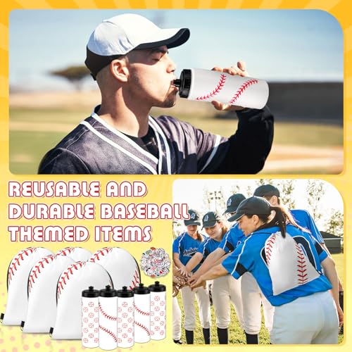 Funnymoom 24 Pcs Baseball Party Favors Team Gifts Set 12 Baseball Water Bottle 12 Baseballs Drawstring Bags and 50 Sticker 20 Oz Reusable Squeeze Bottle Bulk Goodies Bag for Party Supplies Sport Event Bike - Image 3