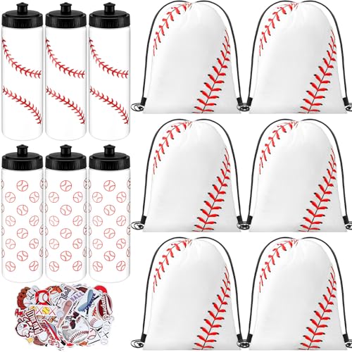 Funnymoom 24 Pcs Baseball Party Favors Team Gifts Set 12 Baseball Water Bottle 12 Baseballs Drawstring Bags and 50 Sticker 20 Oz Reusable Squeeze Bottle Bulk Goodies Bag for Party Supplies Sport Event Bike - Image 1