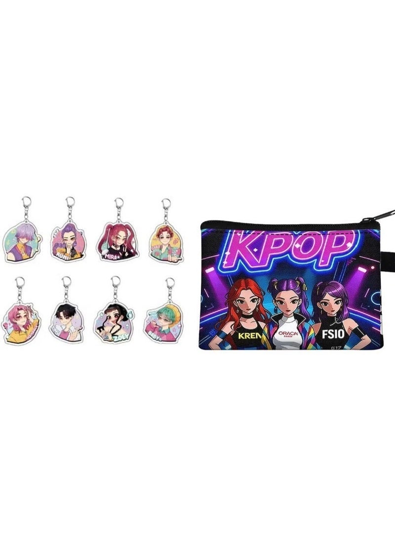 KPOP 8PCS  KPOP Huntrix & Saja Boy Cartoon Keychain Set with free Purse For keychain storage – 2D Flat Anime Keychains Featuring Rumi, Zoey, Jinu & Mira – Cute K-Pop Fan Accessories, Bag & Backpack Charm, Gift for Anime & K-Pop Lovers - Image 1