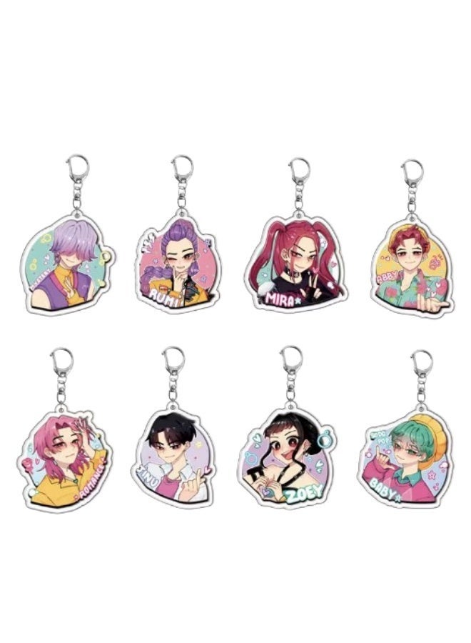 KPOP 8PCS  KPOP Huntrix & Saja Boy Cartoon Keychain Set with free Purse For keychain storage – 2D Flat Anime Keychains Featuring Rumi, Zoey, Jinu & Mira – Cute K-Pop Fan Accessories, Bag & Backpack Charm, Gift for Anime & K-Pop Lovers - Image 2