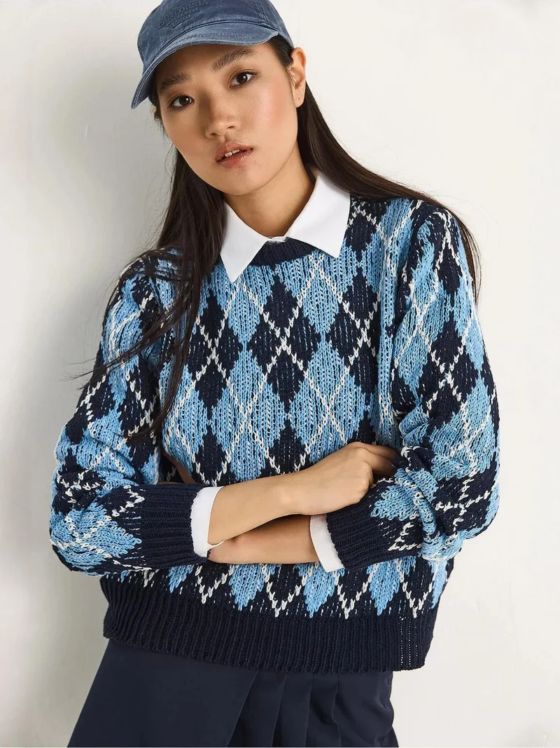 Bianco Lucci LUCCI Women’s Crew Neck Knitted Sweater with Diamond Pattern