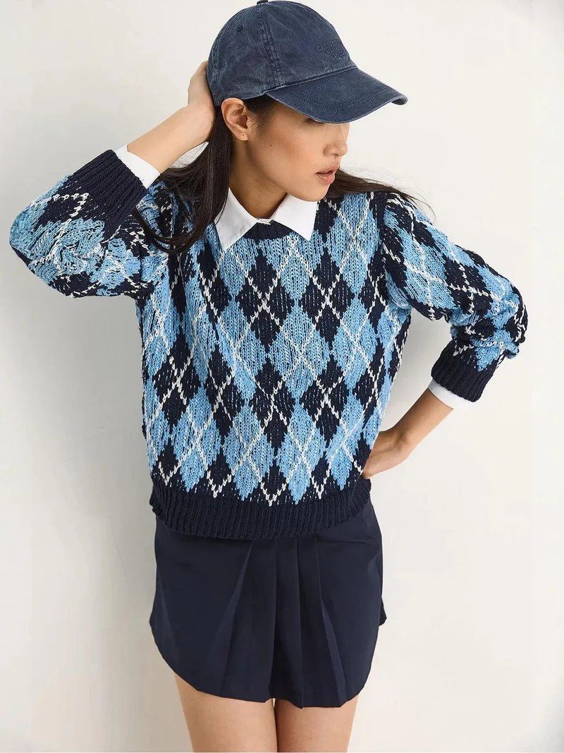 Bianco Lucci LUCCI Women’s Crew Neck Knitted Sweater with Diamond Pattern