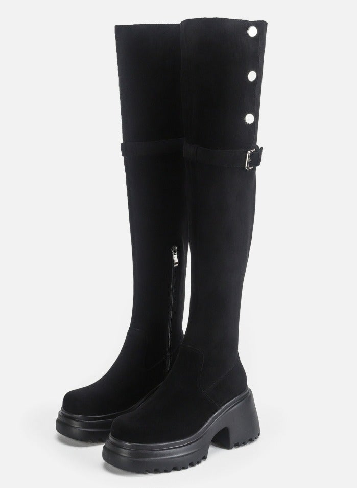 Loquat Womens Thick Soled Round Toe Knee High Boots Foldable Long Suede Boots Black  - Image 1