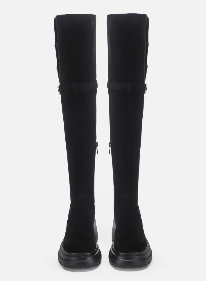 Loquat Womens Thick Soled Round Toe Knee High Boots Foldable Long Suede Boots Black  - Image 2