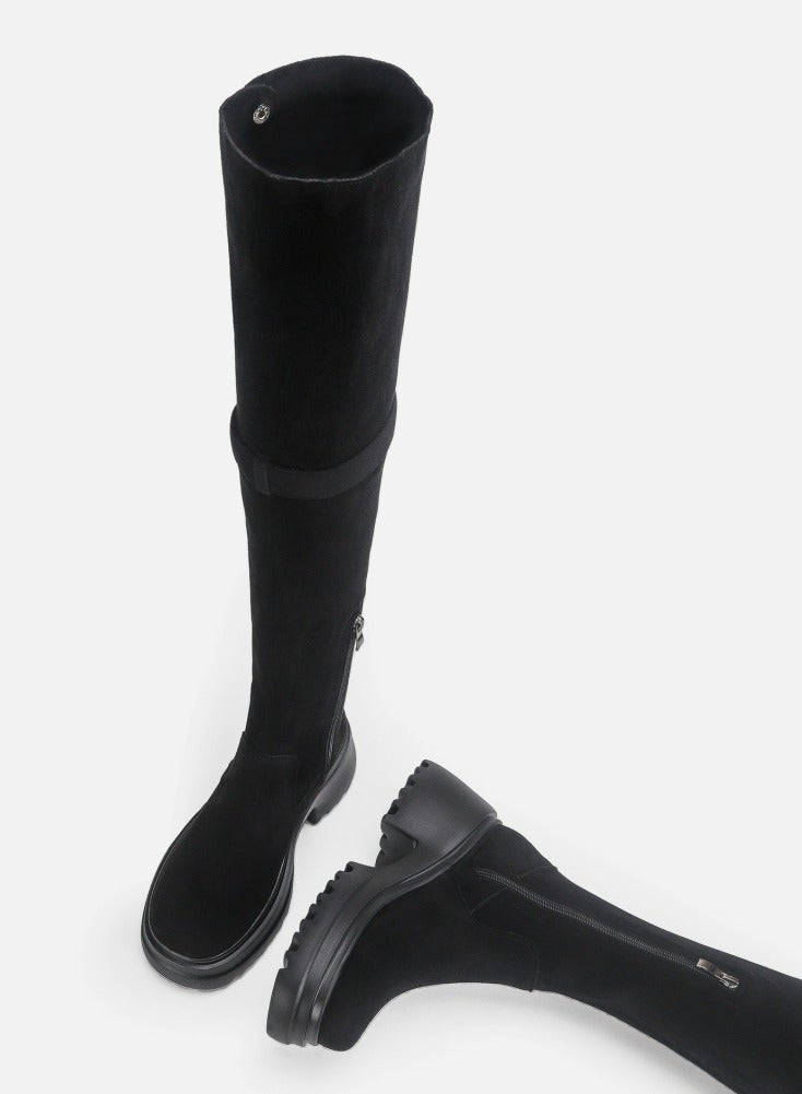 Loquat Womens Thick Soled Round Toe Knee High Boots Foldable Long Suede Boots Black  - Image 3