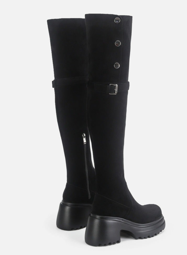 Loquat Womens Thick Soled Round Toe Knee High Boots Foldable Long Suede Boots Black  - Image 4