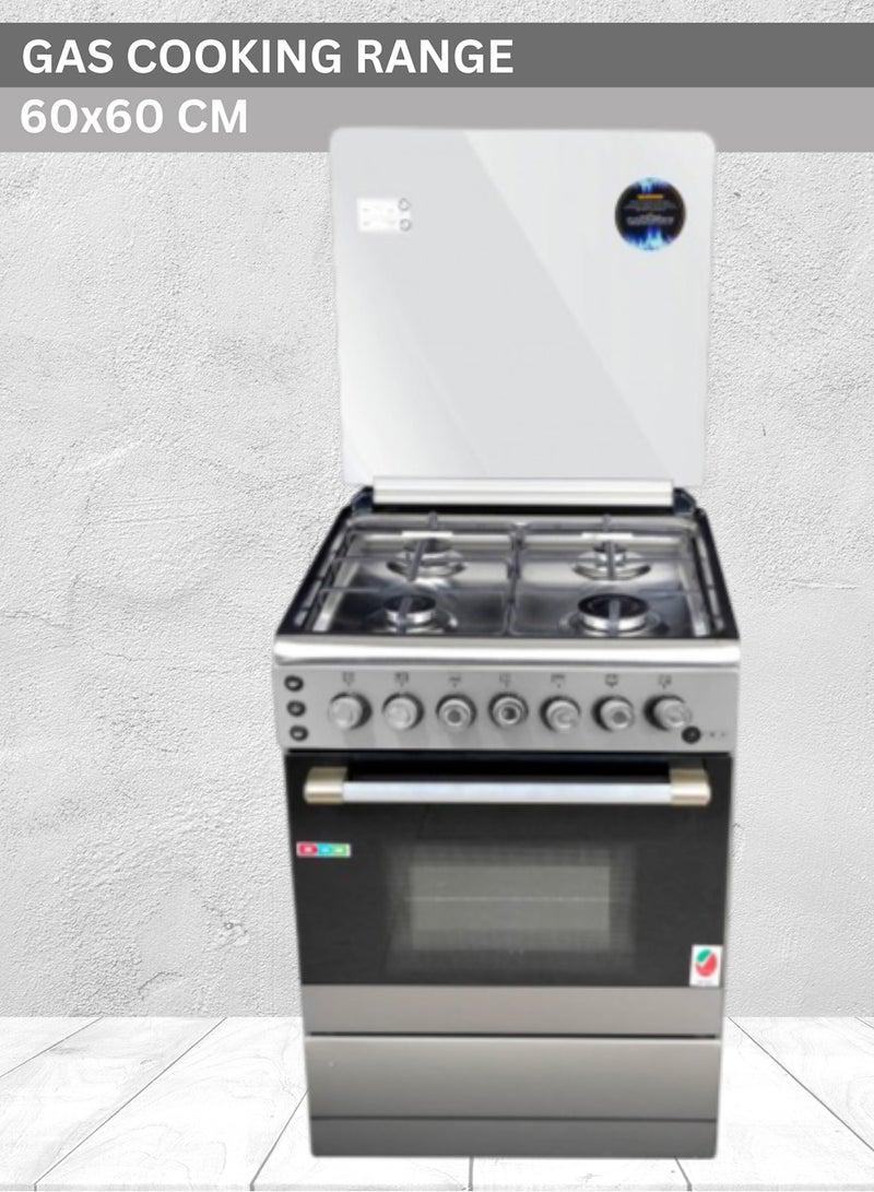 AFRA Freestanding Gas Cooking Range | 60x60cm Stove Oven | 4 Gas Burners | Full Safety Auto Ignition | Double Burner Gas Oven with Rotisserie | Stainless Steel Cooktop | Glass Lid | Adjustable Legs | 2-Year Warranty AF-60 Silver - Image 1