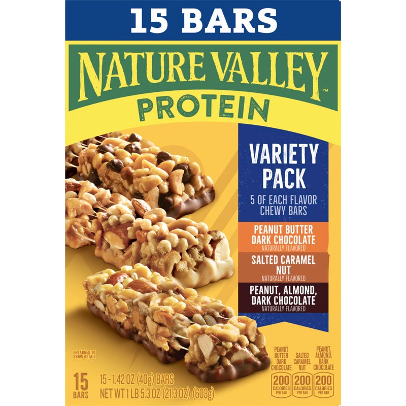 Nature Valley Protein Bars Variety Pack, Gluten Free Chewy Granola Snack Bars, 10g Protein, Peanut Butter Dark Chocolate, Salted Caramel Nut, Peanut Almond Dark Chocolate, 15 Count, 21.3 oz Box - Image 5