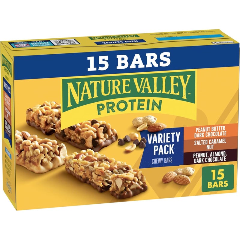 Nature Valley Protein Bars Variety Pack, Gluten Free Chewy Granola Snack Bars, 10g Protein, Peanut Butter Dark Chocolate, Salted Caramel Nut, Peanut Almond Dark Chocolate, 15 Count, 21.3 oz Box - Image 1