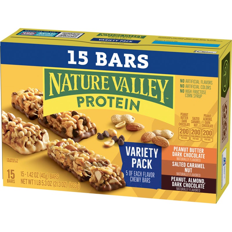 Nature Valley Protein Bars Variety Pack, Gluten Free Chewy Granola Snack Bars, 10g Protein, Peanut Butter Dark Chocolate, Salted Caramel Nut, Peanut Almond Dark Chocolate, 15 Count, 21.3 oz Box - Image 3