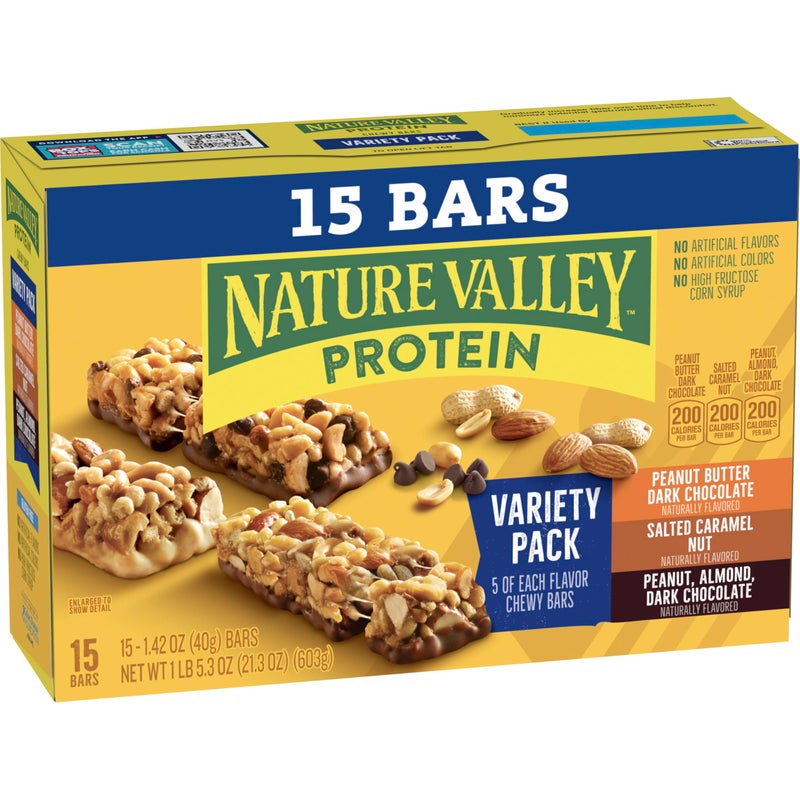 Nature Valley Protein Bars Variety Pack, Gluten Free Chewy Granola Snack Bars, 10g Protein, Peanut Butter Dark Chocolate, Salted Caramel Nut, Peanut Almond Dark Chocolate, 15 Count, 21.3 oz Box - Image 4